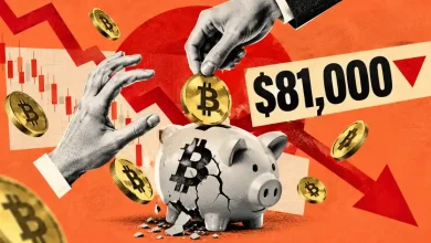 Cracked Bitcoin piggy bank with falling coins and $81,000 price drop banner