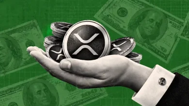 Open hand holding silver XRP coins over background of 100 dollar bills
