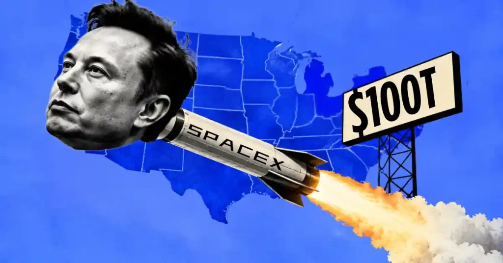 Elon Musk head on SpaceX rocket pointing toward US map with $100T sign