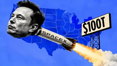Elon Musk head on SpaceX rocket pointing toward US map with $100T sign