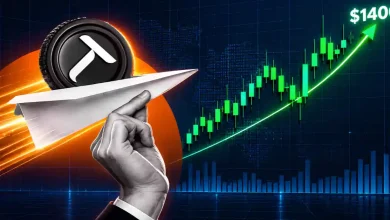 Hand launching paper airplane with Bittensor TAO token beside rising $1400 chart