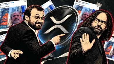 Charles Hoskinson pointing at XRP logo beside David Schwartz and social media billboard posts