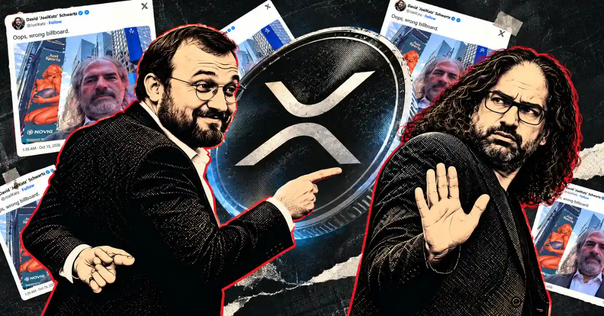 Charles Hoskinson pointing at XRP logo beside David Schwartz and social media billboard posts