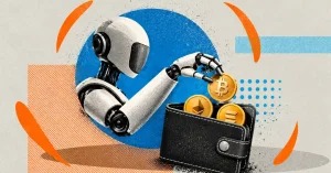 Robot hand reaching into wallet containing Bitcoin, Ethereum, and Solana crypto coins