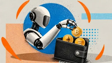 Robot hand reaching into wallet containing Bitcoin, Ethereum, and Solana crypto coins
