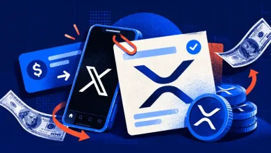 Smartphone with X app next to XRP crypto tokens and US dollar bills