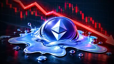 Melting Ethereum ETH coin under falling red chart arrow line