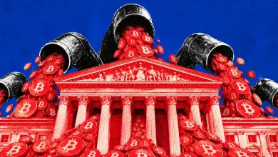 Large pipes spilling red Bitcoin coins over financial building