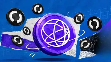 Purple Celestia TIA coin floating among smaller black and white tokens over torn blue background