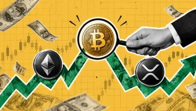 Hand using magnifying glass on Bitcoin with Ethereum and XRP coins on rising green arrow chart