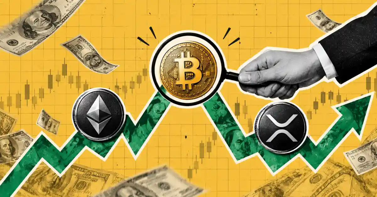 Hand using magnifying glass on Bitcoin with Ethereum and XRP coins on rising green arrow chart
