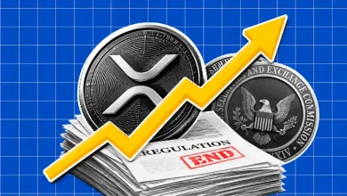 Hand holding magnifying glass over Bitcoin, Ethereum, and XRP tokens on a rising green chart