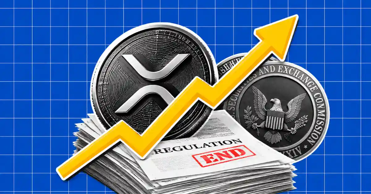 Hand holding magnifying glass over Bitcoin, Ethereum, and XRP tokens on a rising green chart