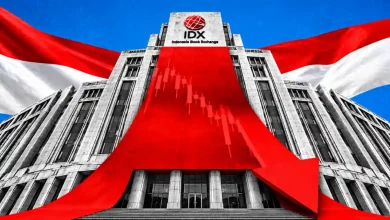 Indonesia Stock Exchange building draped in red falling chart arrow flanked by Indonesian flags