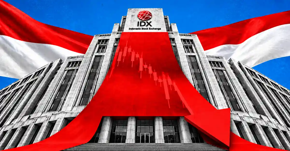 Indonesia Stock Exchange building draped in red falling chart arrow flanked by Indonesian flags