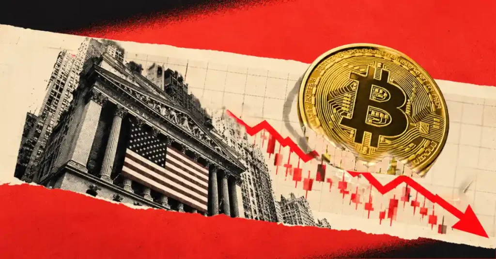 Gold Bitcoin coin beside falling red chart arrow and US stock exchange building