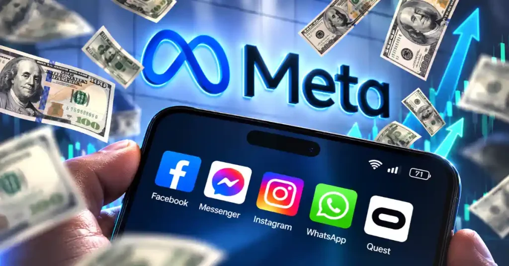Smartphone showing Meta apps with money bills and rising blue stock chart arrow