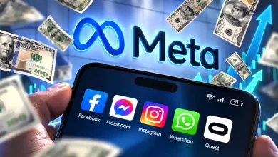 Smartphone showing Meta apps with money bills and rising blue stock chart arrow