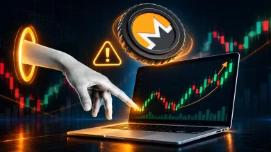 Monero XMR coin floating beside warning sign and laptop displaying bullish crypto candlestick chart