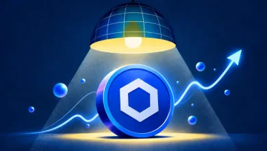Blue Chainlink LINK coin under spotlight with rising blue chart arrow