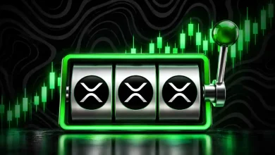 Green slot machine showing triple XRP logos in front of a green candlestick chart