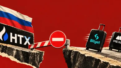 HTX logo with Russian flag behind barrier as Bitget and MEXC suitcases roll away