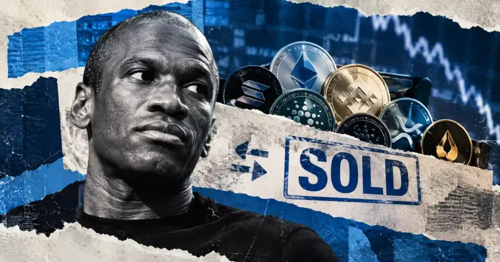 Arthur Hayes portrait beside SOLD stamp and major altcoins including ETH, SOL, BNB, and XRP