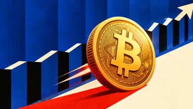 Large gold Bitcoin coin rolling upward along a rising bullish chart arrow