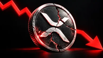 Cracked XRP coin in front of a falling red price arrow