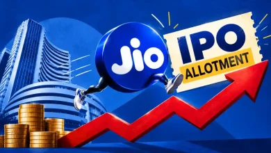 Jio IPO allotment ticket character running along a rising red chart arrow near the BSE building