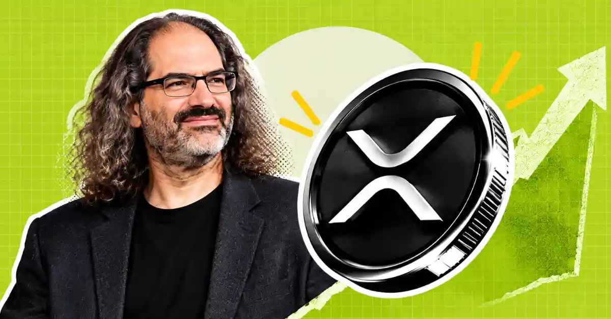 David Schwartz portrait beside XRP coin and green upward chart arrow