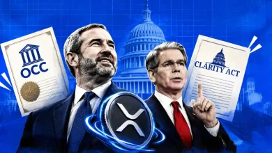 Brad Garlinghouse and Scott Bessent near OCC charter and CLARITY Act documents with XRP token