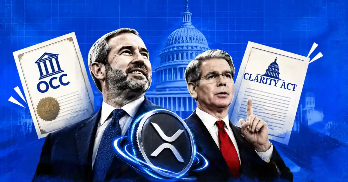 Brad Garlinghouse and Scott Bessent near OCC charter and CLARITY Act documents with XRP token