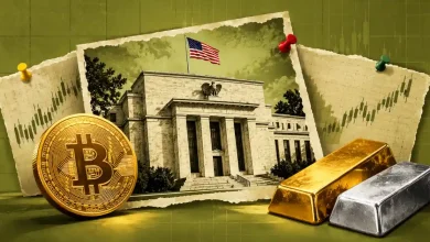 Bitcoin coin, gold bar, and silver bar pinned with US Federal Reserve building and candlestick charts
