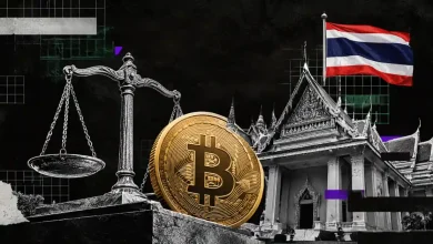 Bitcoin coin beside scales of justice near Thailand Supreme Court building and national flag