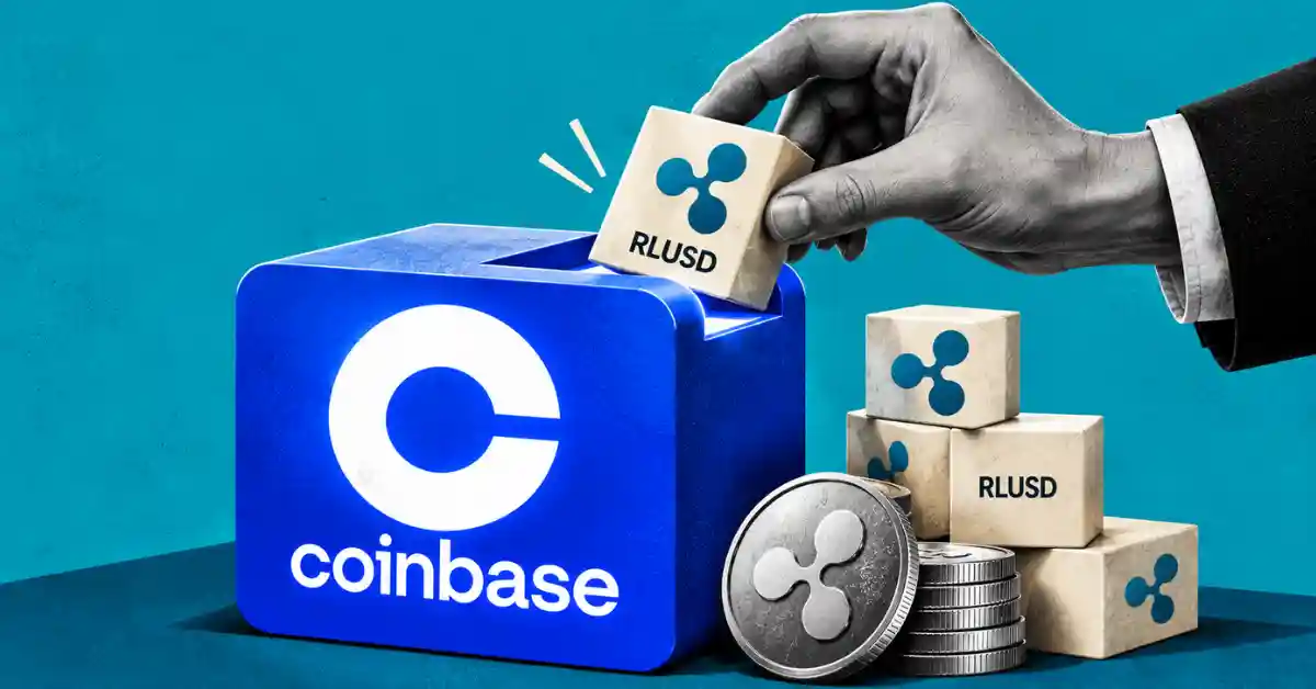 Hand placing Ripple RLUSD block into blue Coinbase box beside XRP coins