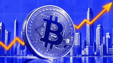 Silver Bitcoin coin with rising yellow chart arrow over a city skyline