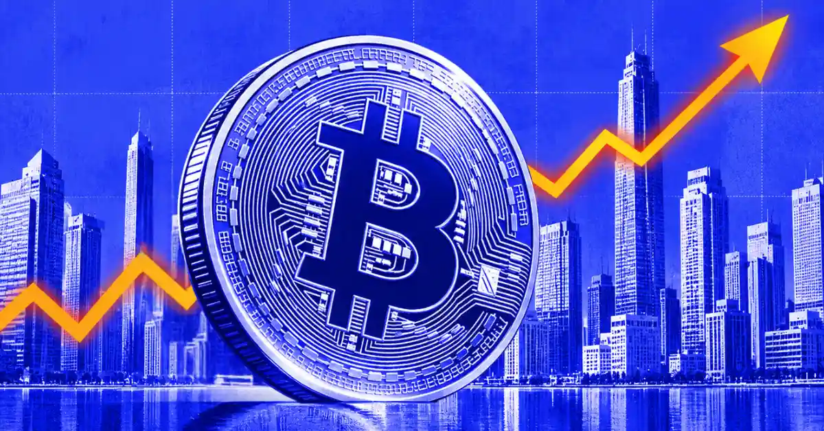 Silver Bitcoin coin with rising yellow chart arrow over a city skyline