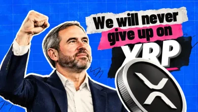 Brad Garlinghouse raising fist next to XRP coin and text banner