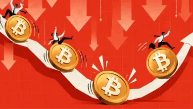 Bitcoin coins rolling down and up a curved market trend arrow