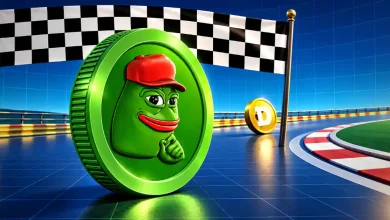 Green Pepe coin crossing a racetrack finish line ahead of a gold Dogecoin