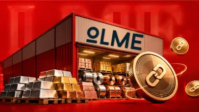 LME warehouse with metal ingots and blockchain tokens