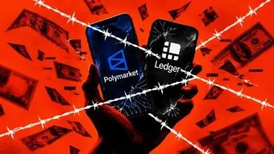 Cracked smartphones showing Polymarket and Ledger logos wrapped in barbed wire