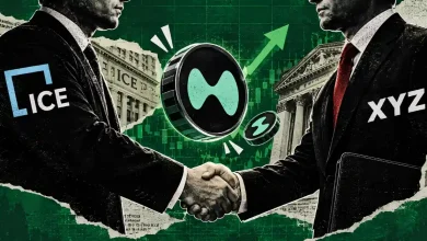 Two executives shaking hands with Hyperliquid token, ICE, and XYZ logos between them